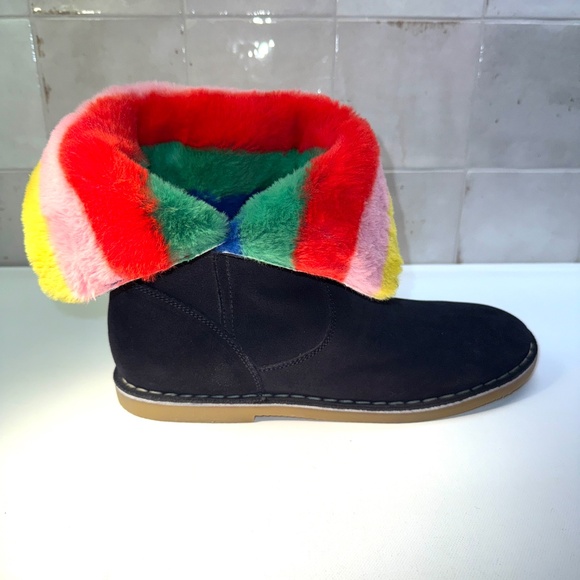 Mini Boden Suede Leather Navy Boots Stripe Soft Fur Lining Gum Sole 39 NWOB - Picture 6 of 9